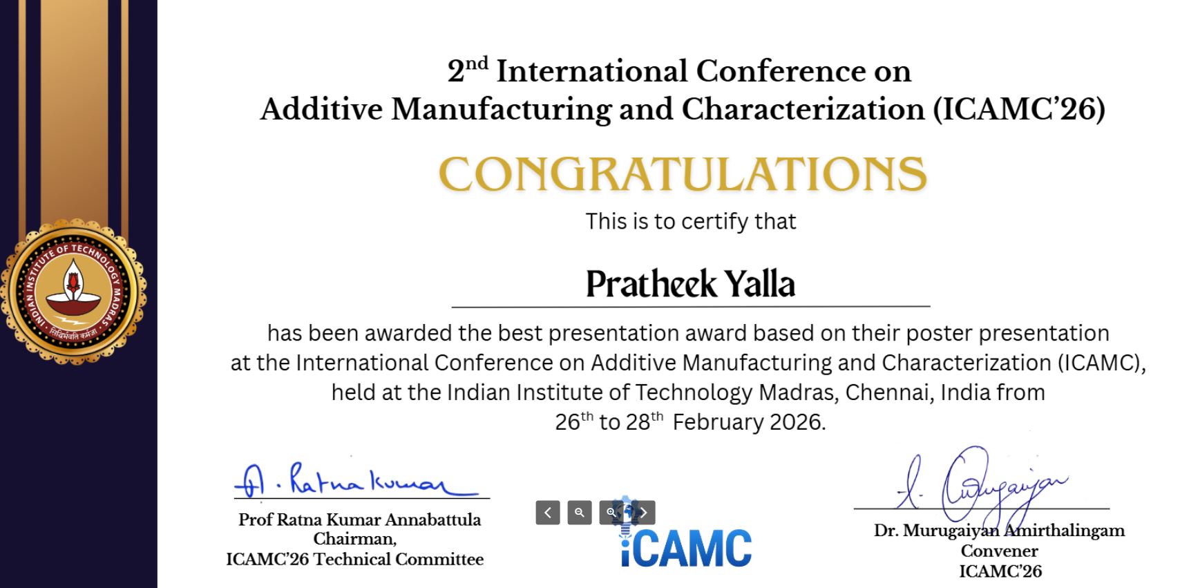 Our PhD scholar won the best poster presentation at ICAMC 2026