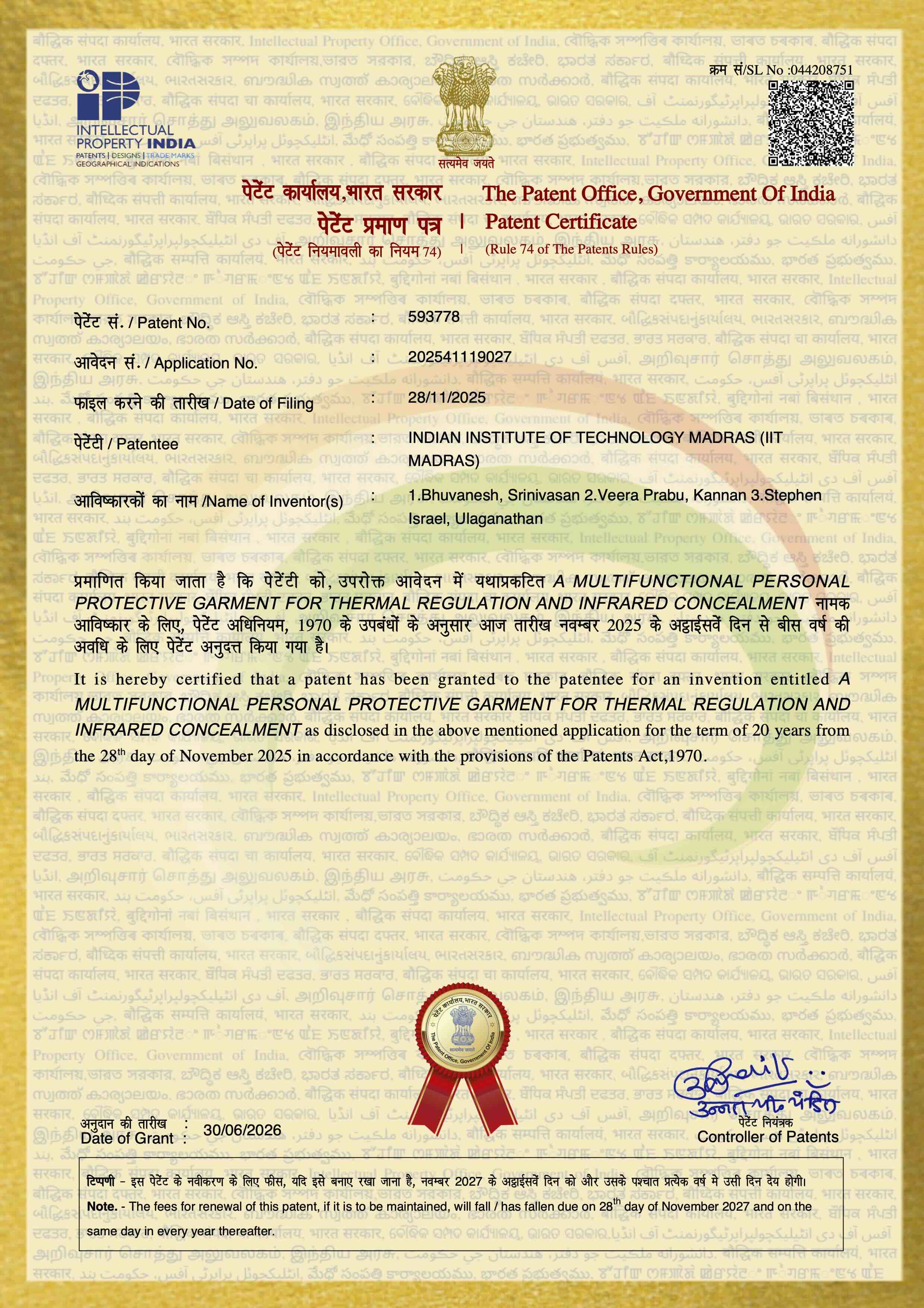 Congratulations to Dr. Bhuvanesh and his students for grant of Indian Patent
