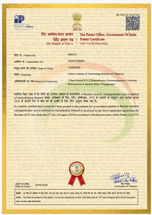 Congratulations to Prof. Ravi Kumar N V and his students for grant of Indian Patent