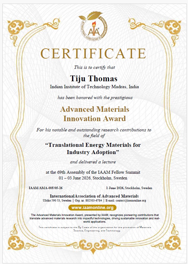 Prof. Tiju Thomas has been conferred the Advanced Materials Innovation Award by IAAM, Sweden.
