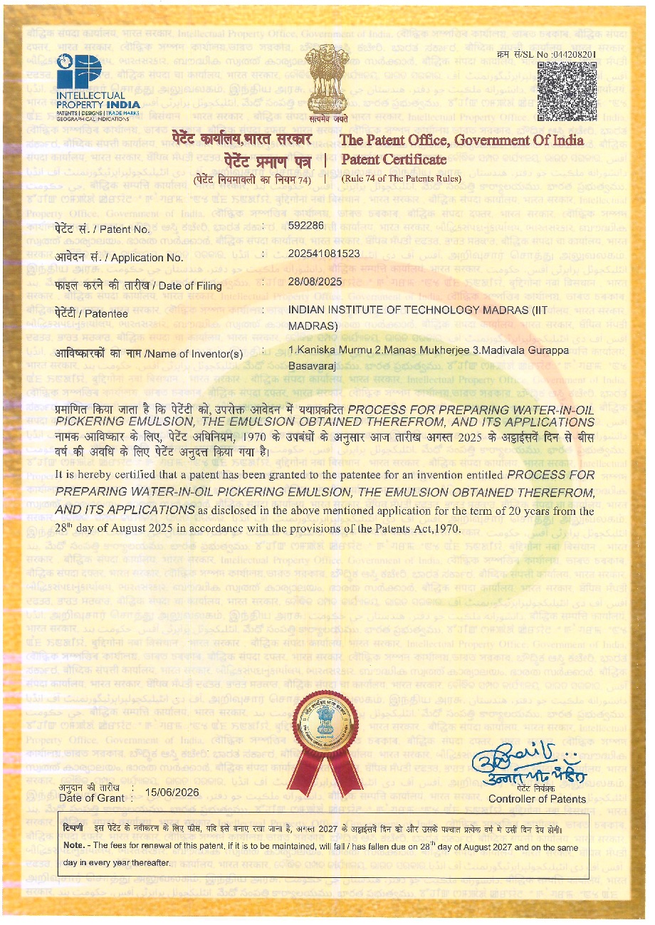 Congratulations to Prof. Manas Mukherjee and his team for grant of Indian Patent