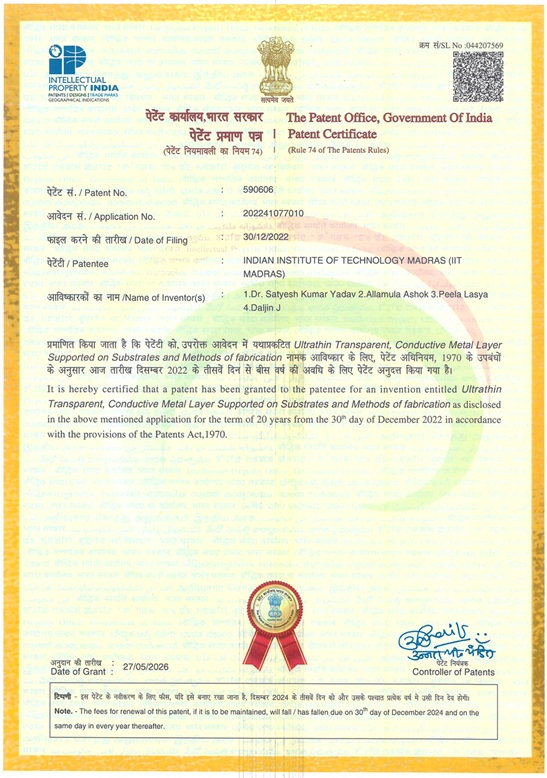 Congratulations to Prof. Prof. Satyesh Kumar Yadav and his team for grant of Indian Patent