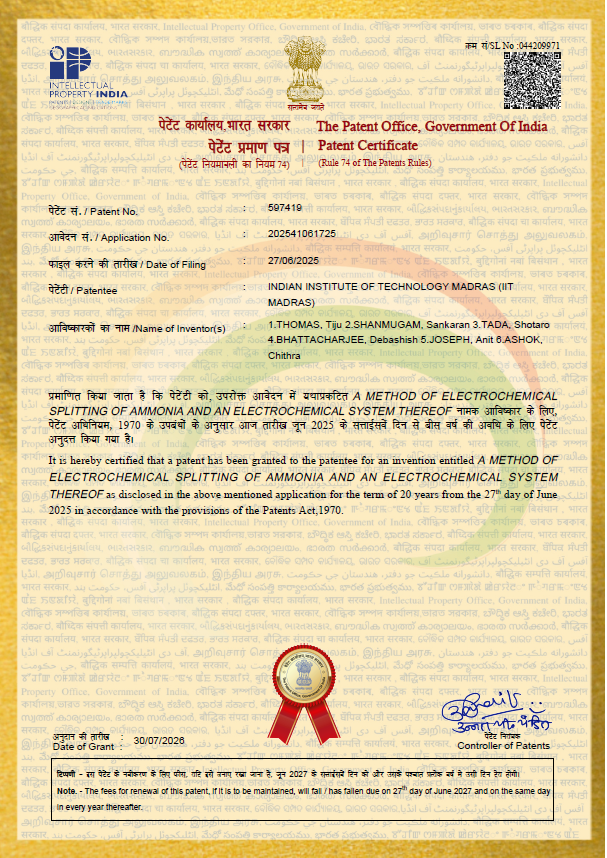 Congratulations to Profs. Tiju Thomas, Sankaran Shanmugam, Shotaro Tada and their students for grant of Indian Patent
